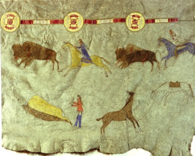 Detail of a hide painting depicting a buffalo hunt