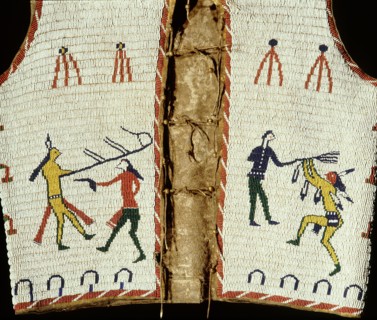 Beadwork decoration on a sleeveless jacket showing fighting between Indians and white men