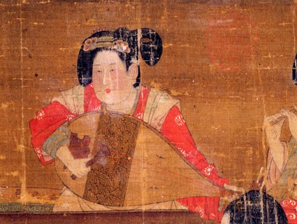 Detail of an anonymous painting Banquet and Concert which depicts elegant ladies of the Tang imperial court enjoying a feast and music