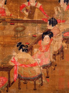 Detail of an anonymous painting Banquet and Concert which depicts elegant ladies of the Tang imperial court enjoying a feast and music