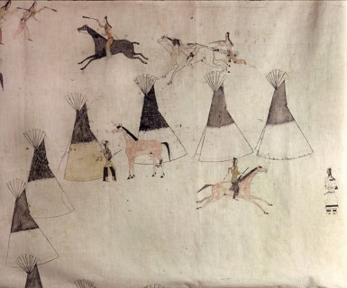 Hide painting depicting a horse stealing raid