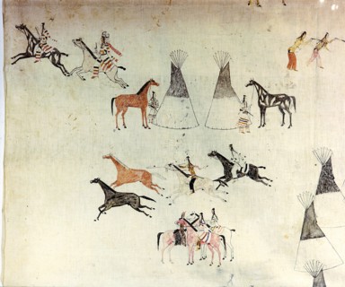 Hide painting depicting a horse stealing raid