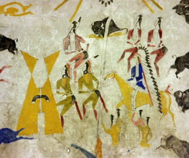 Hide painting depicting a buffalo dance after the hunt