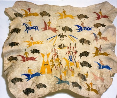 Hide painting depicting a buffalo dance after the hunt