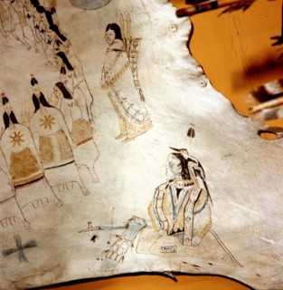 Hide painting with a representation of the Sun Dance which served to thank the sun for past favours and to request renewed protection (detail)