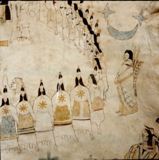 Hide painting with a representation of the Sun Dance which served to thank the sun for past favours and to request renewed protection (detail)