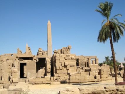 View from the Sanctuary towards the Great Hypostyle Hall with Queen Hatshepsut's obelisk in the middle distance and Tuthmosis II's obelisk in the background