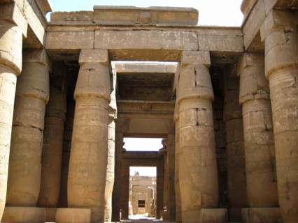 View of the interior colonnaded court built by Horemheb using recycled masonry from the temple of Aten