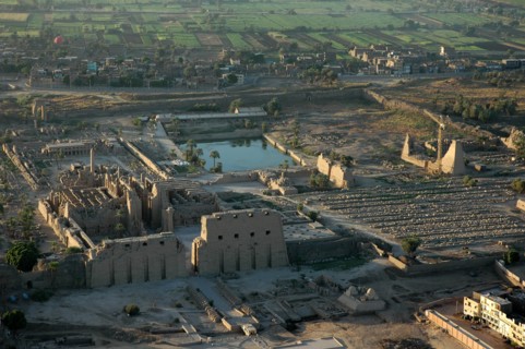 Aerial view of Karnak showing the 1st Pylon and the Great Hypostyle Hall in the foreground, the sacred lake in the background and the 8th and 9th Pylons to the right