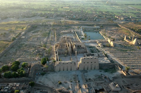 Aerial view of Karnak showing the 1st Pylon and the Great Hypostyle Hall in the foreground, the sacred lake in the background and the 8th and 9th Pylons to the right