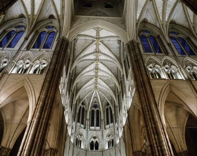 The richly ornamented Gothic vaulting at the intersection of the north and south transepts