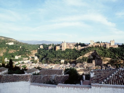 A panoramic view of the Sabika Hill and the Alhambra with the Torre de la Vela on the extreme right   Spain