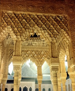 The stucco work and columns of the Court of the Lions