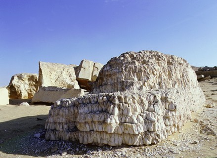 An eroded alabaster block in the middle of what used to be the pillared court of the eastern part of Teti's cult temple at Saqqara