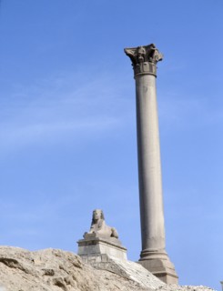 The misnamed "Pompey's Pillar", still standing in front of the Serapeum at Alexandria where it was erected in circa 299 AD in honour of the Emperor Diocletian