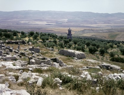 A Numidian Berber tomb built by Punic craftsmen seen from the ruins of the Roman city of Dougga