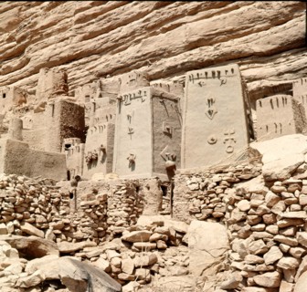 A Dogon village at the foot of the Bandiagara cliffs