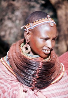 The elaborate beadwork of this Masai woman indicates her ethnic identity, social status, and the number and status of her children