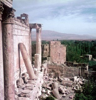 A view towards the temple precinct of Baalbek, the ancient Heliopolis which rose to prominence during the later Hellenistic and Roman period