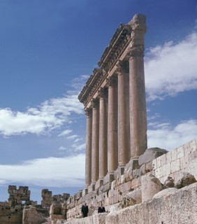 A view towards the temple precinct of Baalbek, the ancient Heliopolis which rose to prominence during the later Hellenistic and Roman period