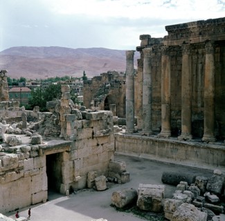 A view towards the temple precinct of Baalbek, the ancient Heliopolis which rose to prominence during the later Hellenistic and Roman period