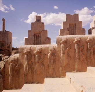 A detail of a relief carving on the staircase leading to the Tripylon at Persepolis, depicting the procession of Medes and Persians