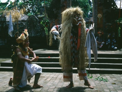 Each Balinese community stages regular performances in which Barong, a mythical lion, fights the dreaded Rangda, Queen of witches