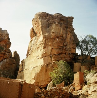 A Dogon village at the foot of the Bandiagara cliffs