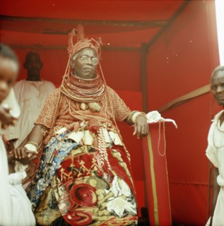 The late Oba Akenzua II in full regalia, including a coral garment and headpiece