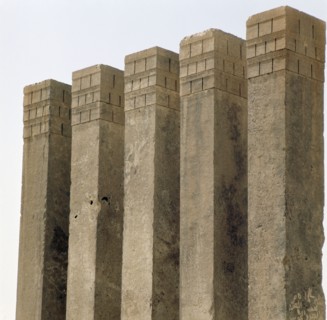 Five pillars still standing on the site of the Baran Temple, near the ancient city of Marib