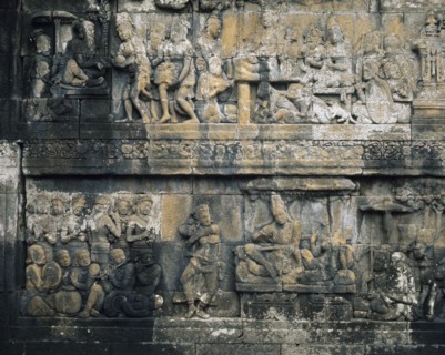 The reliefs on the terraces of Borobudur depict scenes from the life of the Buddha