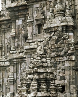 The temple complex at Lara Jonggrang consists of three main sanctuaries dedicated to Shiva, Brahma and Vishnu and three minor ones dedicated to particular forms of Shiva and Shiva's bull mount, Nandi