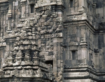 The temple complex at Lara Jonggrang consists of three main sanctuaries dedicated to Shiva, Brahma and Vishnu and three minor ones dedicated to particular forms of Shiva and Shiva's bull mount, Nandi
