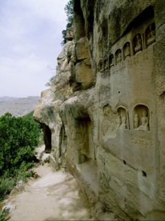 The entrance to one of the cave temples at Tianlong Shan, perched high on the cliff face