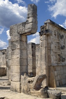 Serpent column guarding the entrance to the temple atop the 'Temple of the Warriors' at Chichen Itza