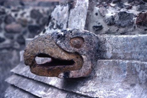 Carved stone coloured Eagle head adorning the front of the Eagle Temple