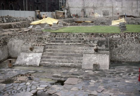 View of the 'Temple of the Eagle Warriors' during the excavations of El Templo Mayor in Mexico City