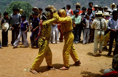 Men dressed as jaguars in a fertility and rain-making festival dating from the pre-Columbian times