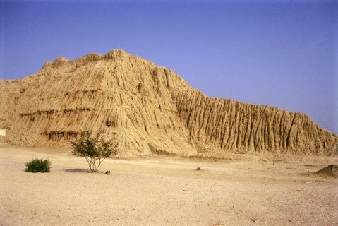 View of major eroded mud-brick pyramid at Mochica site of Tucume