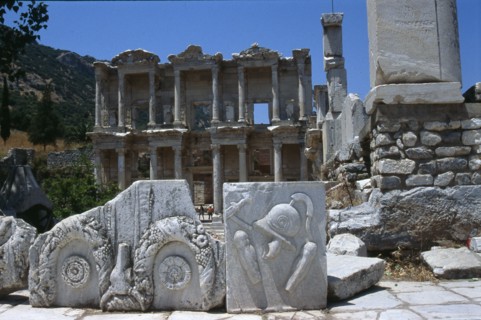 Architectural elements with relief decoration of weapons and bull heads