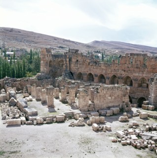 A view towards the temple precinct of Baalbek, the ancient Heliopolis which rose to prominence during the later Hellenistic and Roman period