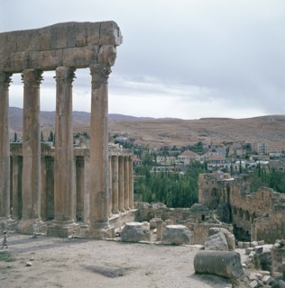 A view towards the temple precinct of Baalbek, the ancient Heliopolis which rose to prominence during the later Hellenistic and Roman period