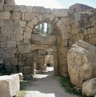 A view towards the temple precinct of Baalbek, the ancient Heliopolis which rose to prominence during the later Hellenistic and Roman period