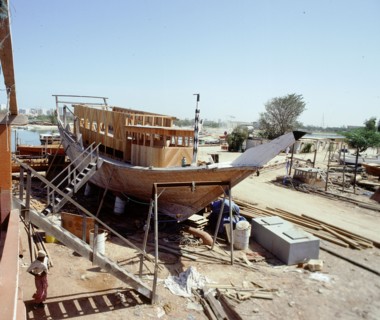 Dhows are still constructed using the traditional methods at Ajman wharf, using woods brought from India