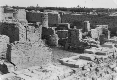 View of the north part of the site of Mohenjo Daro showing the residential district with wells