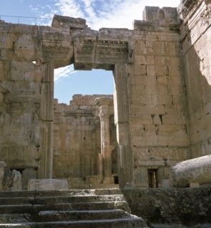 A view towards the temple precinct of Baalbek, the ancient Heliopolis which rose to prominence during the later Hellenistic and Roman period