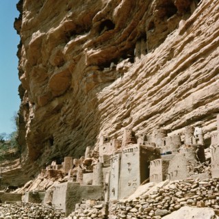 A Dogon village at the foot of the Bandiagara cliffs