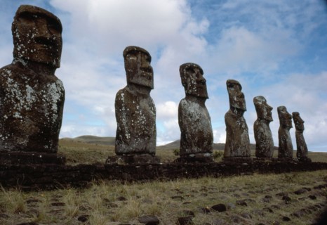 Large platform (ahu) with seven moai statues