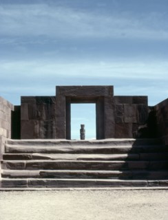View across the "Semi-subterranean temple" to the monolithic doorway to the Kalasasaya enclosure, Tiahuanaco