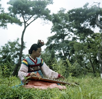 Korean lady in traditional dress playing musical instrument